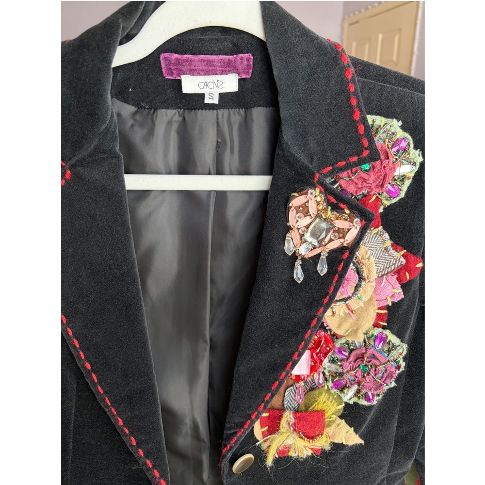 Cache Womens Y2K Black Velvet Embellished Blazer Jacket Red Stitching Floral S - Picture 2 of 4